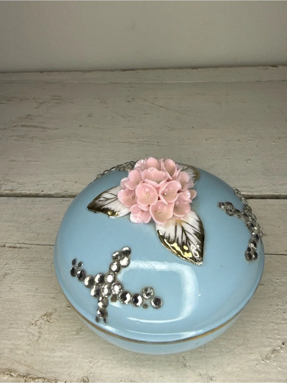 RARE VTG Lefton Blue Porcelain, Pink Floral Spray, Gold Tips & Rhinestone Accent